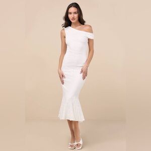 NWOT Lulus Nadie White Lace One Shoulder Midi Dress XS Bridal